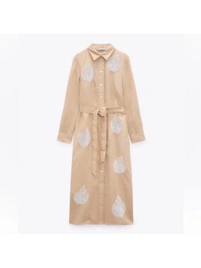 Beige Embroidered Leaf Shirt Dress with Waist Tie